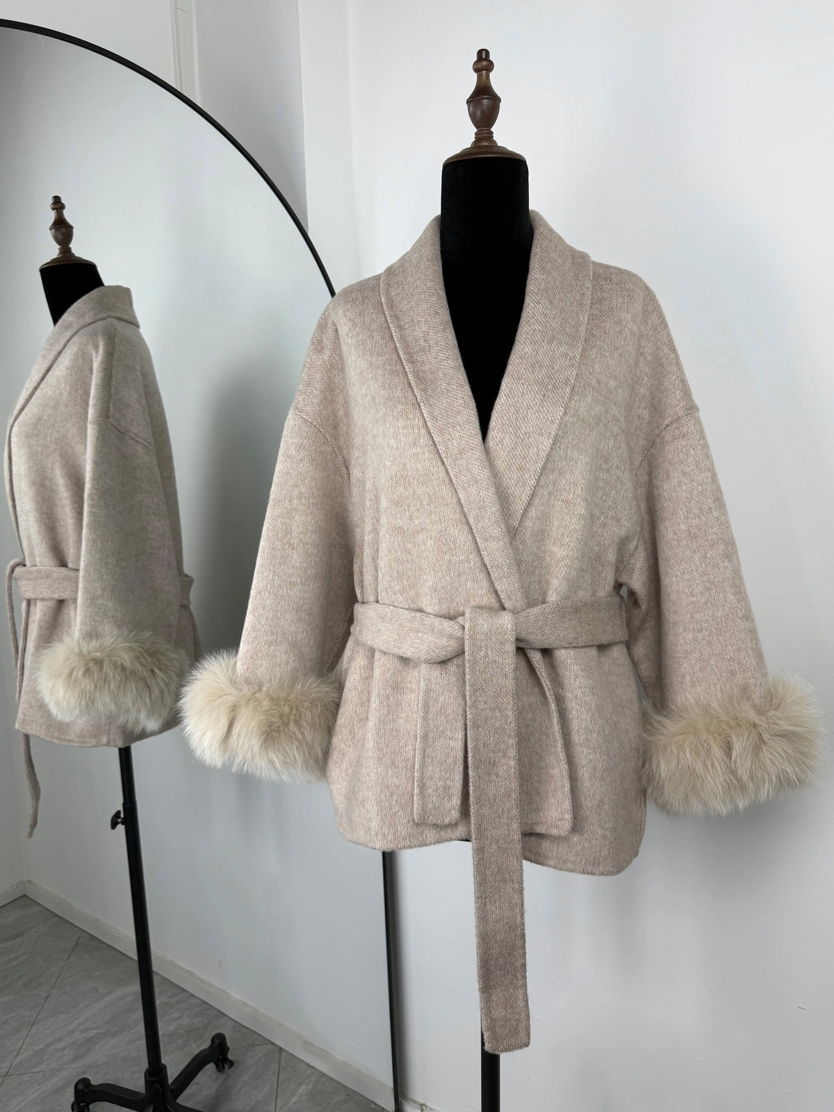 Women's Fox Fur Trim Double-Sided Wool Coat – Belted Elegant Wrap