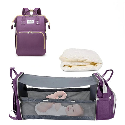 3-in-1 Diaper Bag Backpack with Foldable Baby Bed & USB Charging Port