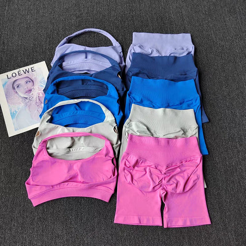 Seamless 2-Piece Workout Set – Halter Sports Bra & High-Waist Shorts