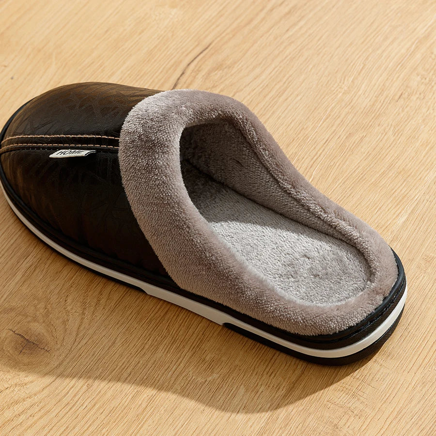 Men's Waterproof PU Leather Winter Slippers - Fur Lined Large Size 40-51