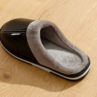 Men's Waterproof PU Leather Winter Slippers - Fur Lined Large Size 40-51