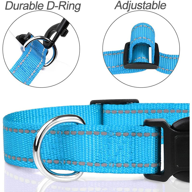 Reflective Dog Collar – Adjustable Nylon with Quick-Release Buckle, XS–XL