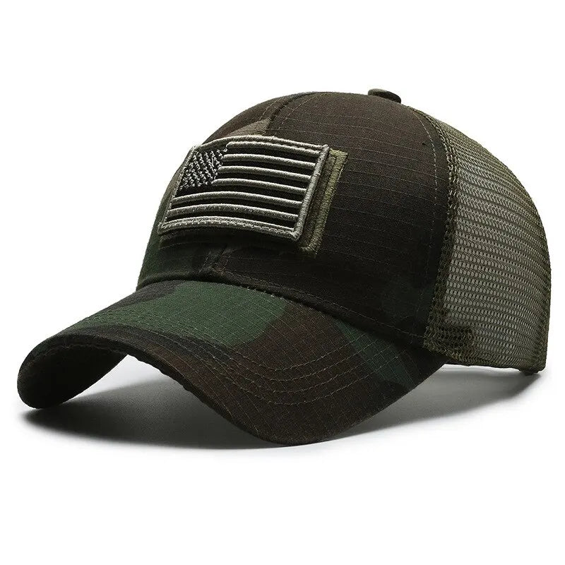 Camouflage Baseball Cap with American Flag Patch – Men's Mesh Trucker Hat