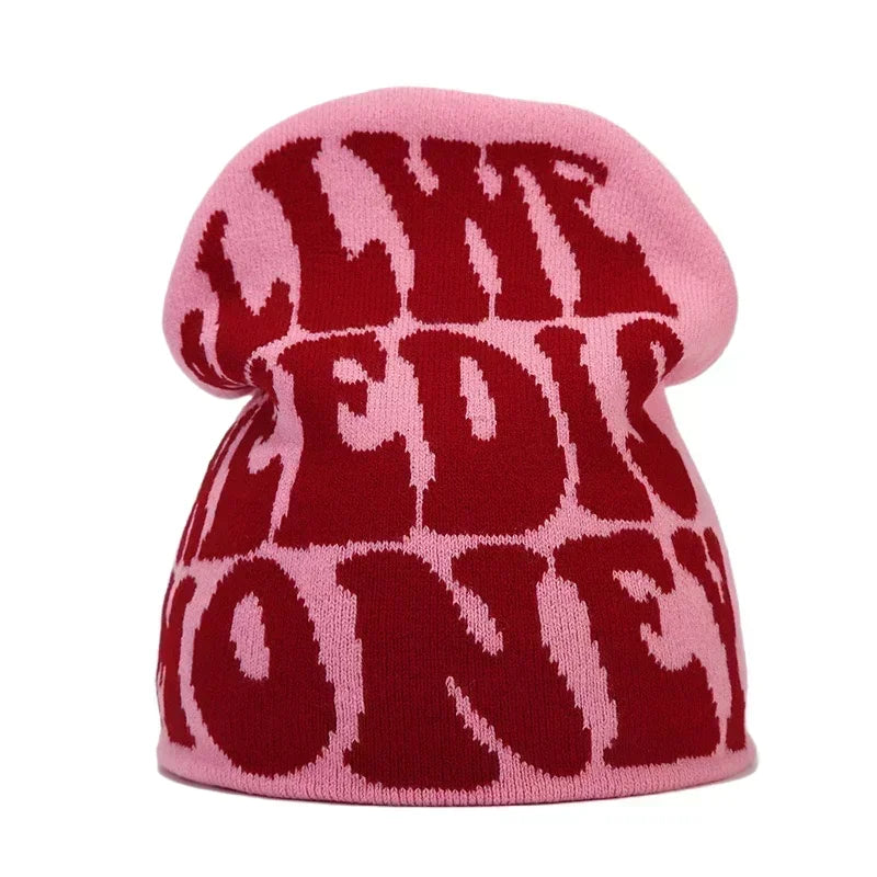Y2K Letter Print Knit Beanie Hat – Unisex Winter Cap