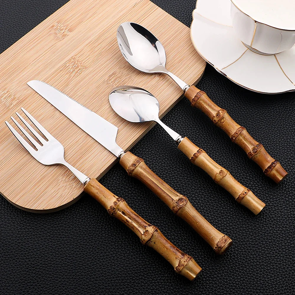 24-Piece Bamboo Handle Stainless Steel Cutlery Set – Flatware Dinnerware