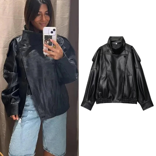 Women's Oversized Faux Leather Jacket – Button-Up Elastic Hem Coat