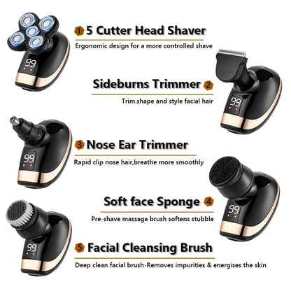 5-in-1 Electric Shaver for Men – 5D Rotary Wet & Dry Razor