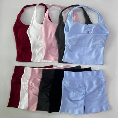 Women's 2-Piece Seamless Sports Set – Backless Tank Top & Scrunch Shorts