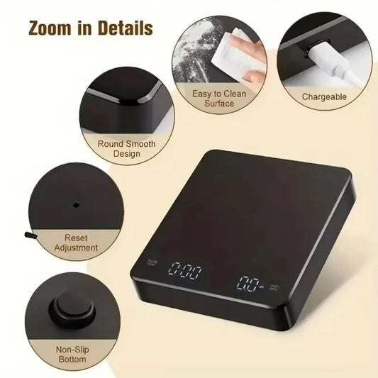 Espresso Coffee Scale - USB Rechargeable Digital Timer Scale 0.1g 2kg