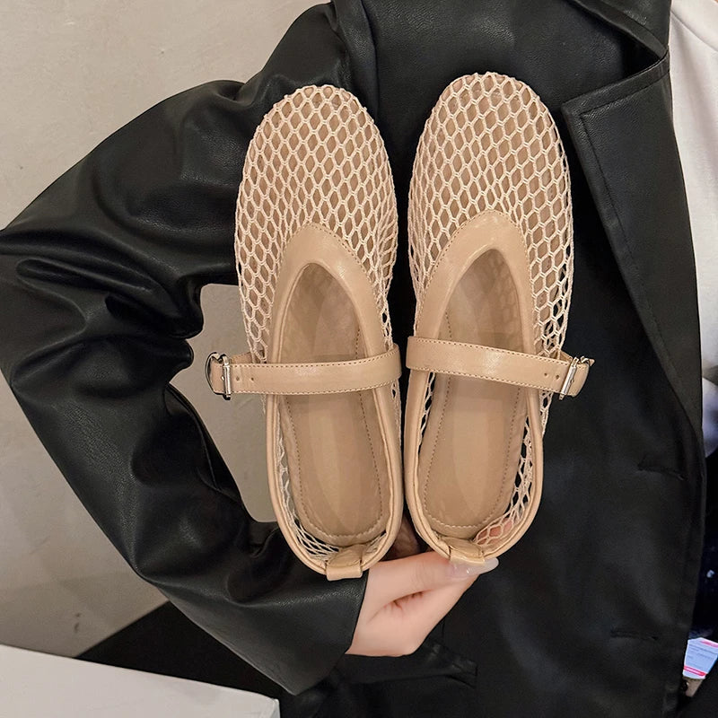 Women's Mesh Mary Jane Flats – Breathable Round Toe Buckle Casual Shoes