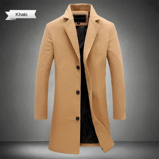 Men's Slim Wool Blend Long Coat Business Casual Windbreaker