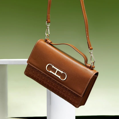 Premium Leather Monogram Handbag with Metallic Clasp & Top Handle