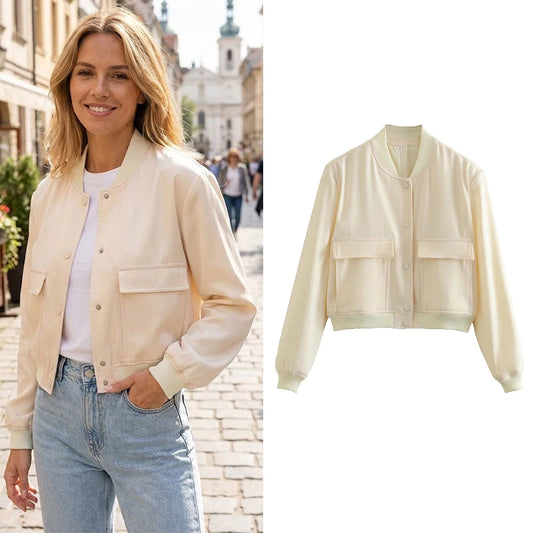Women's Bomber Jacket Single Breasted V-Neck Coat with Pockets