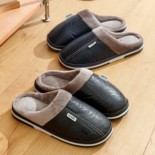Men's Winter Waterproof Slippers Large Size PU Leather Fur Indoor Shoes