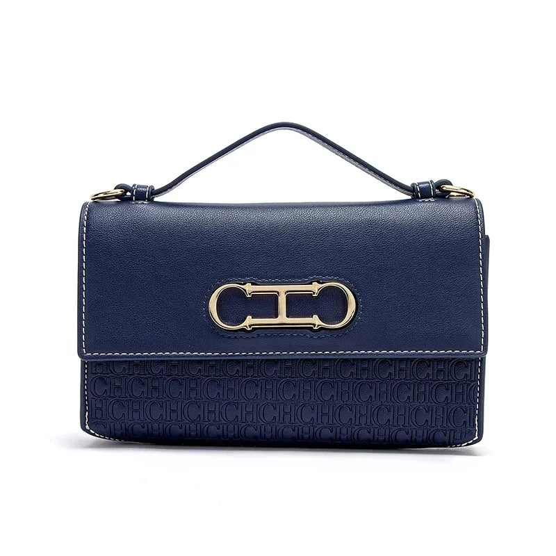 Premium Leather Monogram Handbag with Metallic Clasp & Top Handle