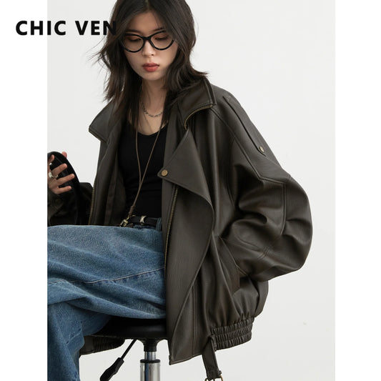 Women's Oversized Faux Leather Moto Jacket