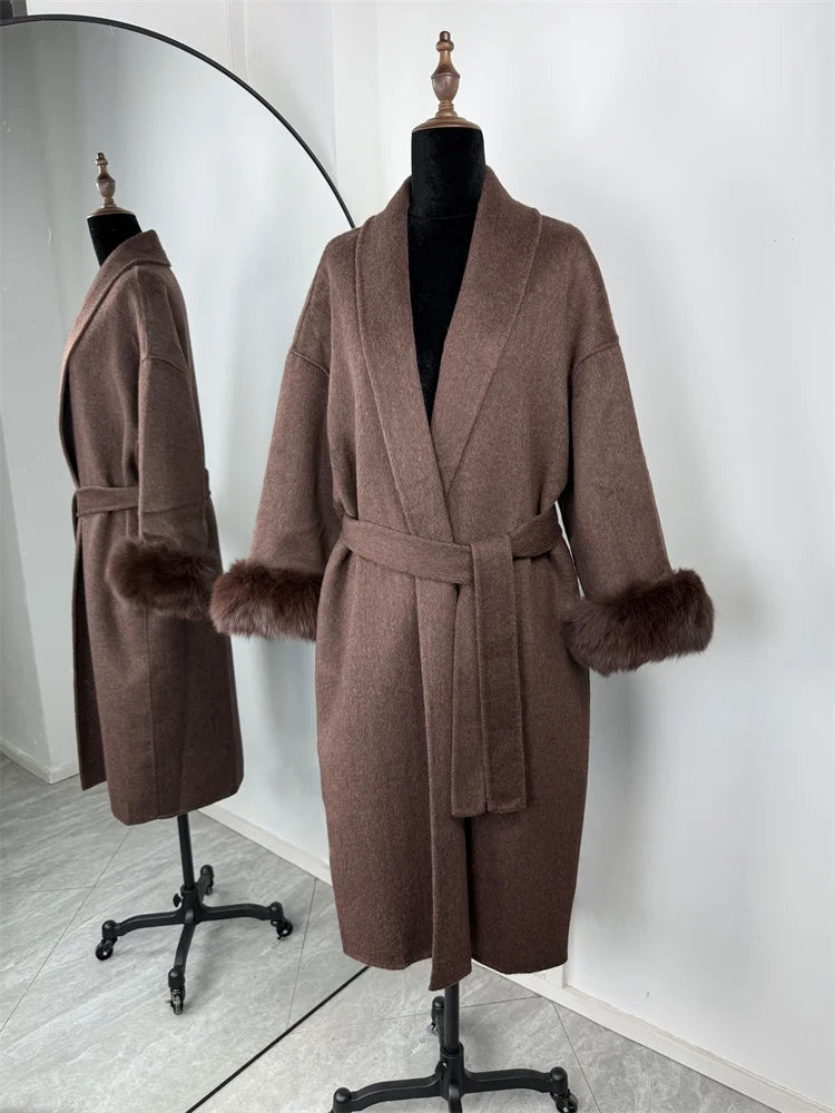 Women's Wool Coat with Fox Fur Cuffs – Elegant Belted Wrap Cardigan