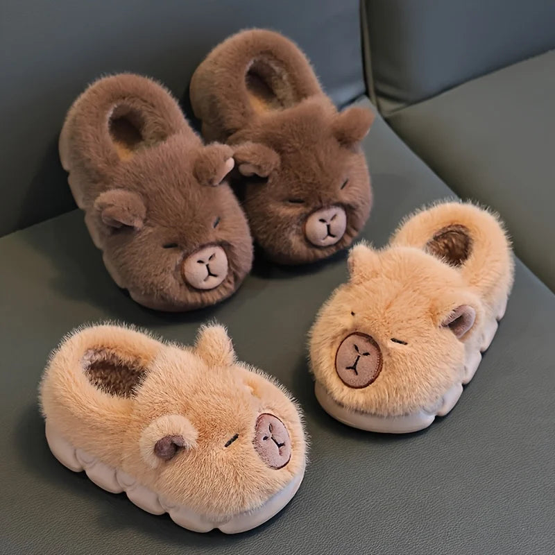 Kids Capybara Fuzzy Slippers – Warm Non-Slip Cotton Shoes