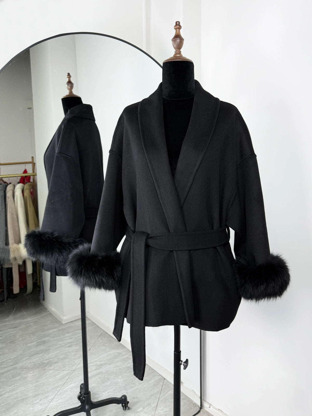 Women's Fox Fur Trim Double-Sided Wool Coat – Belted Elegant Wrap