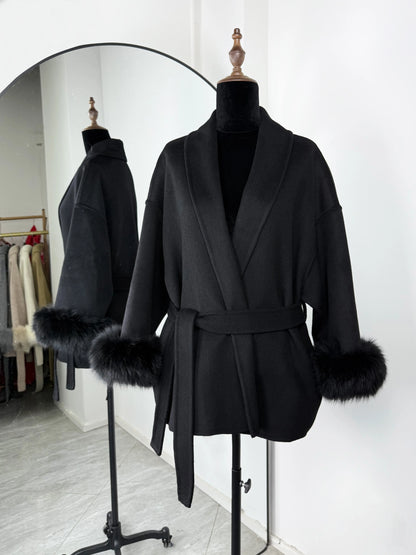 Women's Fox Fur Trim Double-Sided Wool Coat – Belted Elegant Wrap
