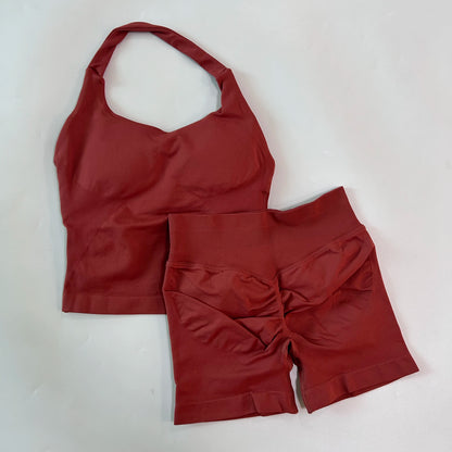 Women's 2-Piece Gym Set – Backless Halter Top & Seamless Shorts