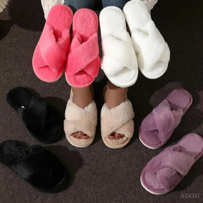 Fuzzy Faux Fur Slide Slippers for Women – Cozy Cross-Band Indoor Flats