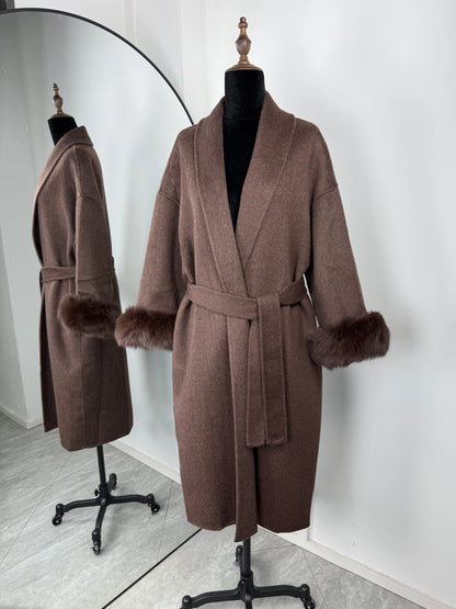 Women's Fox Fur Trim Double-Sided Wool Coat – Belted Elegant Wrap