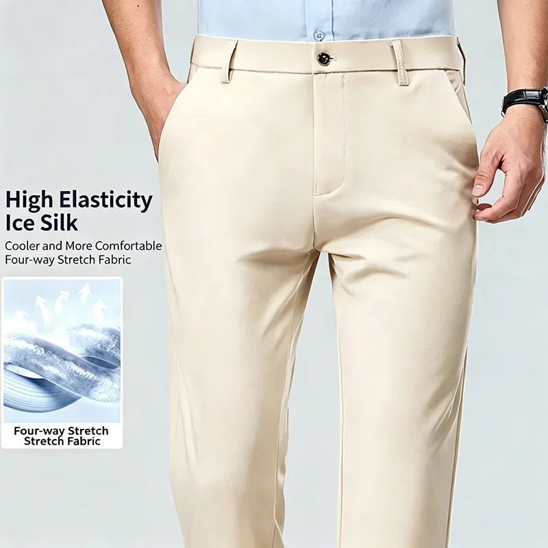 Men's Stretch Dress Pants – Ice Silk Wrinkle-Resistant Formal Trousers