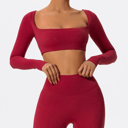 Women's Long Sleeve Square Neck Crop Top Gym Shirt