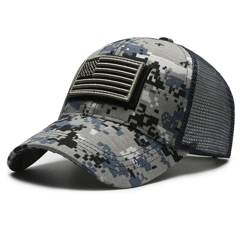 Camouflage Baseball Cap with American Flag Patch – Men's Mesh Trucker Hat