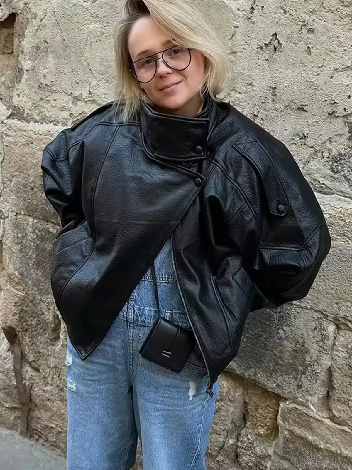 Oversized Faux Leather Jacket for Women – Button Closure
