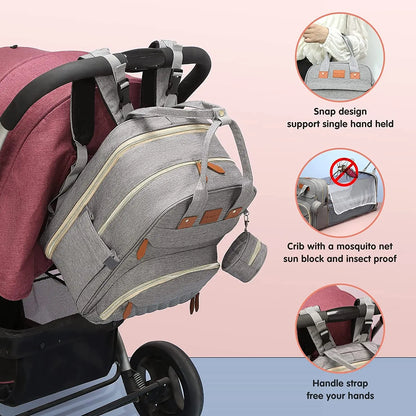3-in-1 Diaper Bag Backpack with Foldable Baby Bed & USB Charging Port