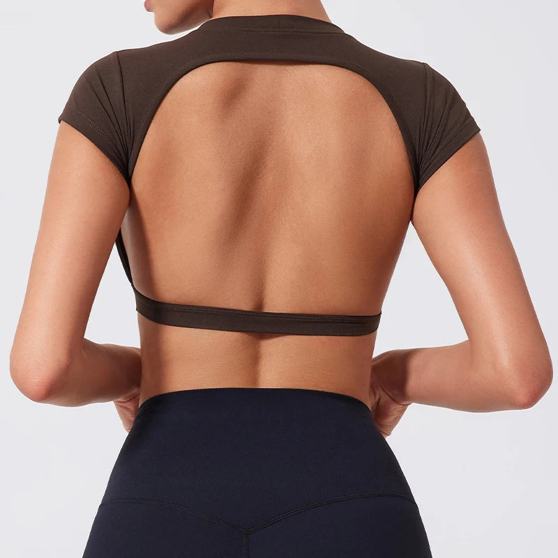 Women's Open Back Crop Sports Top – Quick-Dry Yoga & Workout Shirt