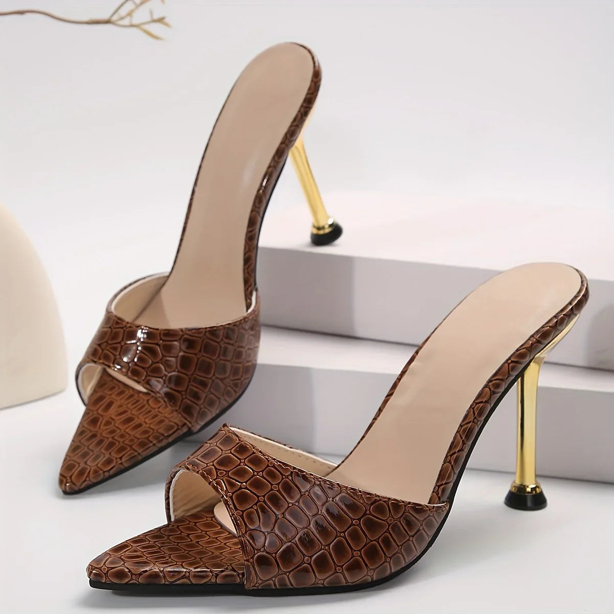 Crocodile Texture Stiletto Mule Heels – Women's Slip-On Pointed Toe Sandals