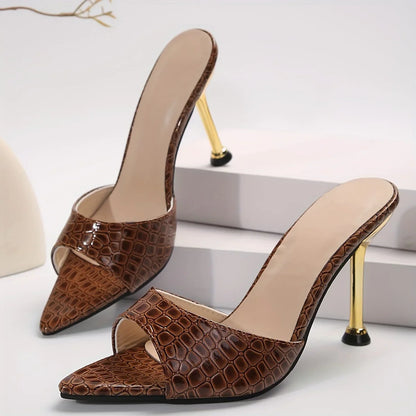 Crocodile Texture Stiletto Mule Heels – Women's Slip-On Pointed Toe Sandals
