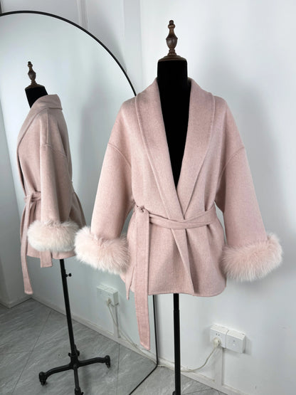 Women's Fox Fur Trim Double-Sided Wool Coat – Belted Elegant Wrap