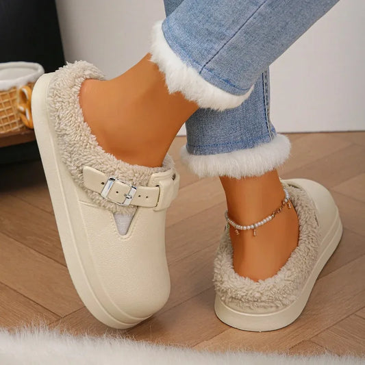 Furry Mule Slippers – Waterproof EVA Buckle Winter Clogs