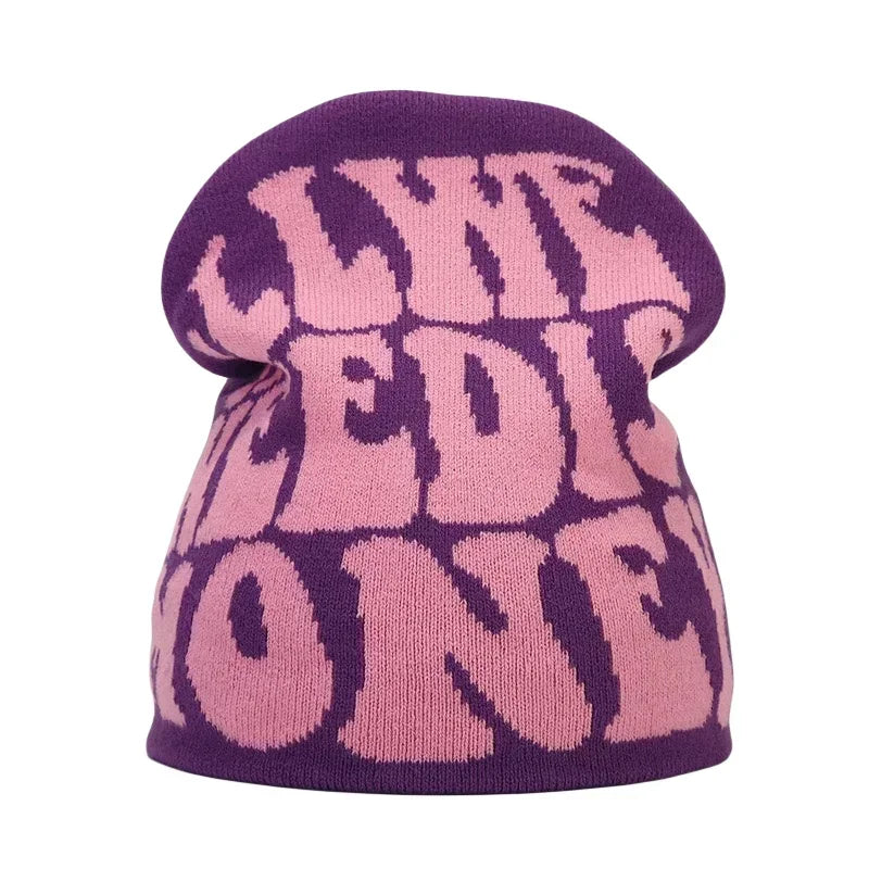 Y2K Letter Print Knit Beanie Hat – Unisex Winter Cap