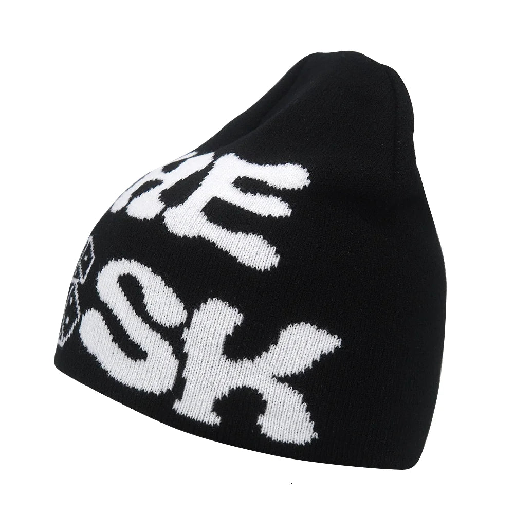 Y2K Letter Print Knit Beanie Hat – Unisex Winter Cap