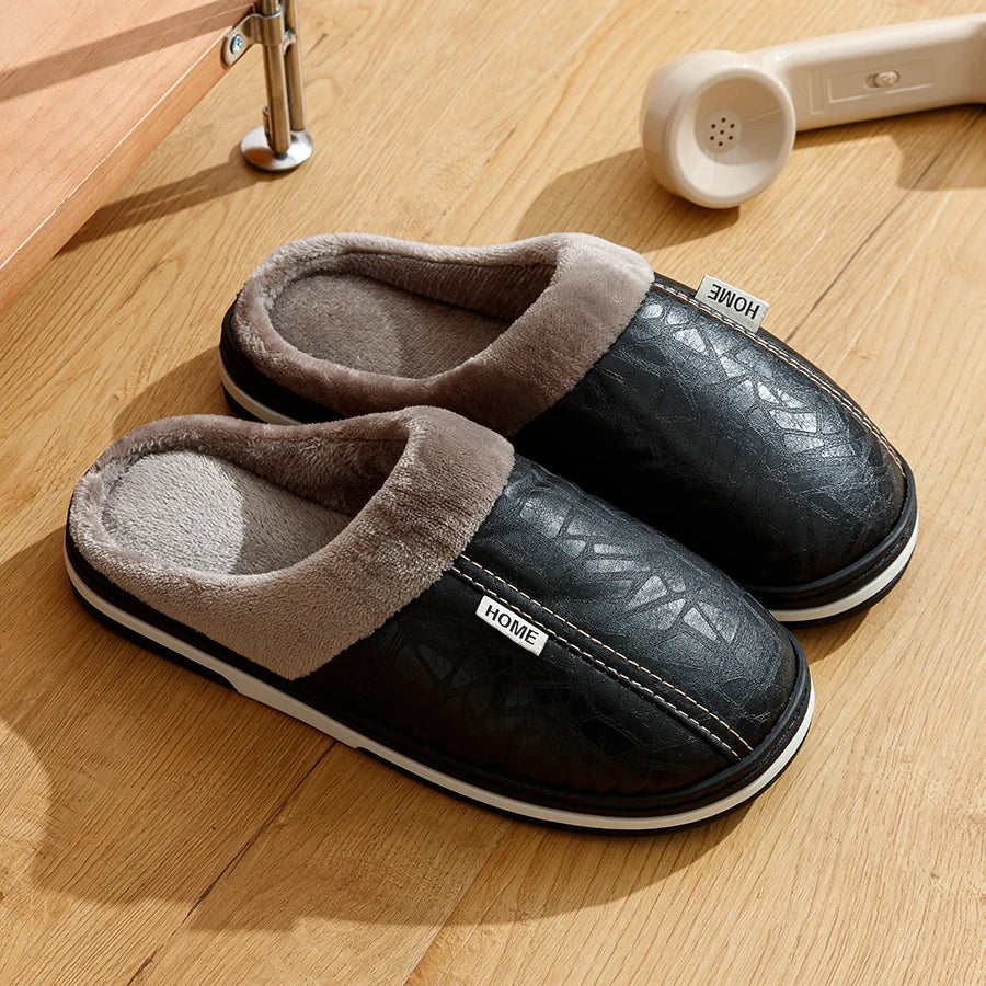 Men's Waterproof PU Leather Winter Slippers - Fur Lined Large Size 40-51