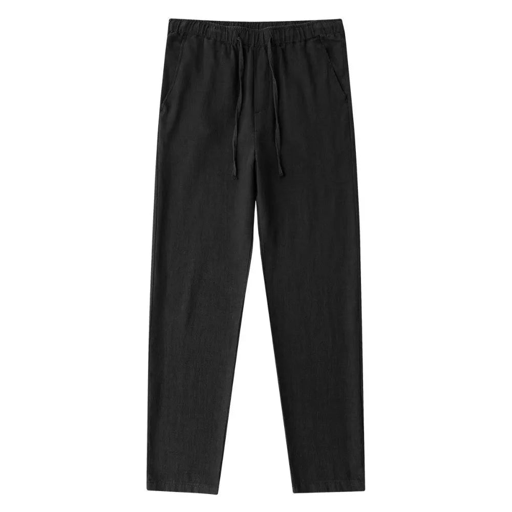 Men's Cotton Linen Pants – Breathable Drawstring Trousers with Back Pocket