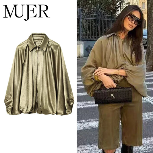 Women's Ruched Bomber Jacket – Oversized Puffy Metallic Coat