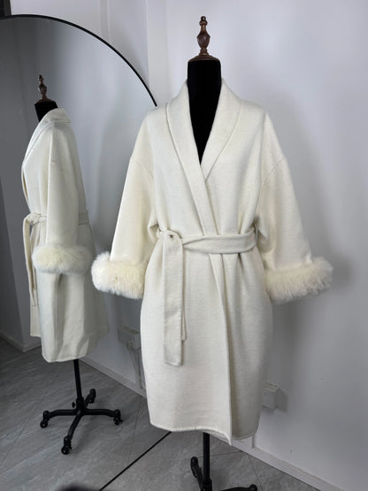Women's Fox Fur Trim Double-Sided Wool Coat – Belted Elegant Wrap