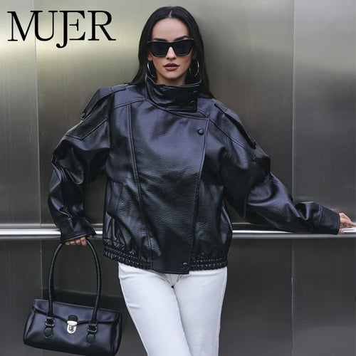 Oversized Faux Leather Bomber Jacket for Women