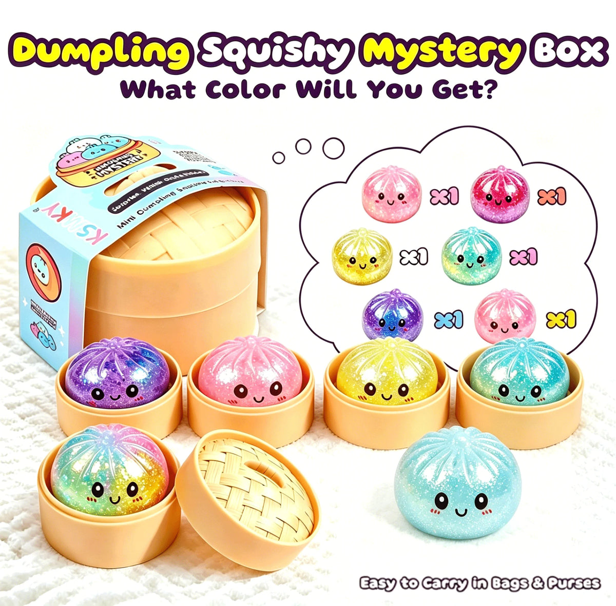 Glitter Squishy Stress Ball – Sparkle Bun Fidget Toy in Steamer Basket