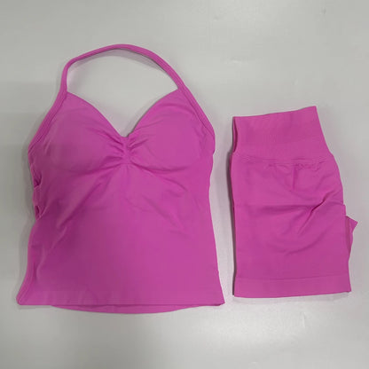 Seamless 2-Piece Gym Set for Women – Backless Tank Top & Scrunch Shorts