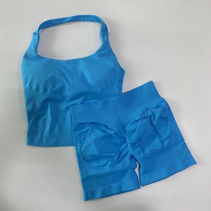 Women's 2-Piece Gym Set – Backless Halter Top & Seamless Shorts