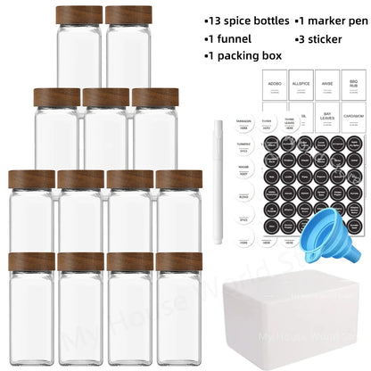 13-Piece Glass Spice Jar Set with Bamboo Lids & Rack