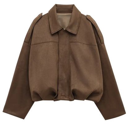 Cropped Bomber Jacket Women Suede Lapel Zip-Up Street Coat