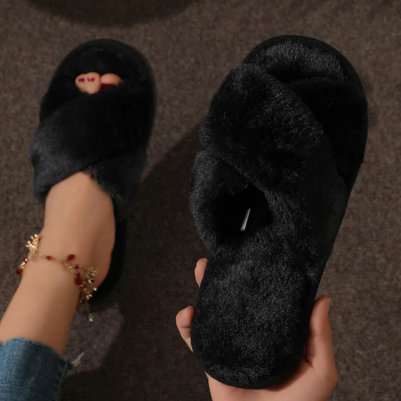 Women's Cross Strap Faux Fur Slippers – Cozy Indoor House Shoes